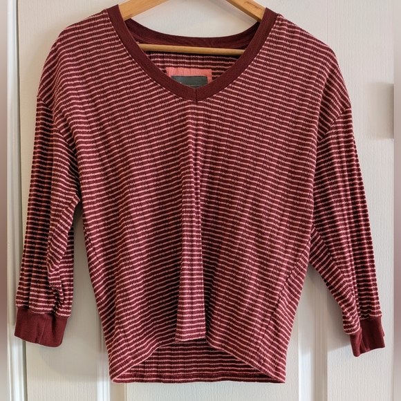 Anthropologie Hannah Pink Red Striped Knit Textured V-Neck Thermal Shirt Size S - Picture 3 of 15